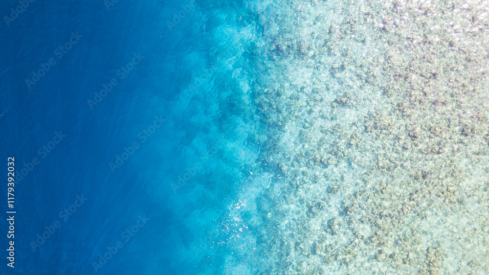 Top view of the turquoise gradient color of the water. The ocean is like a background. Incredible gradient from light blue to dark. Reef and fish swim. Clear water in the lagoon. The drone. Maldives