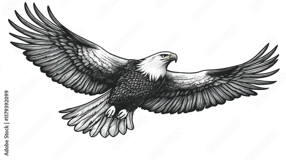 Fototapeta premium Majestic bald eagle in flight, monochrome illustration.