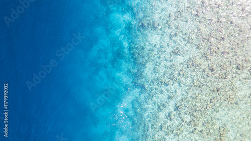 Obraz na płótnie Top view of the turquoise gradient color of the water. The ocean is like a background. Incredible gradient from light blue to dark. Reef and fish swim. Clear water in the lagoon. The drone. Maldives w salonie