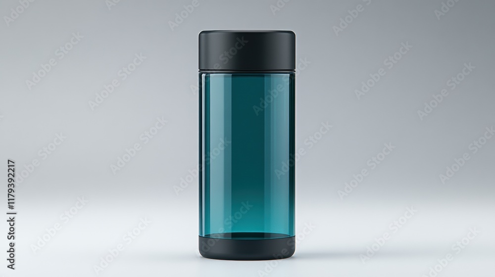 Transparent Teal Glass Container with Black Lid on Gray Background Transparent Teal Glass Container with Black Lid on Gray Background
