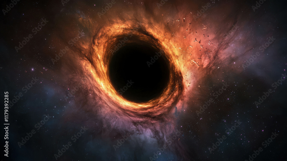 Naklejka premium Mysterious Black Hole Floating Amidst Cosmic Ruins of Shattered Stars