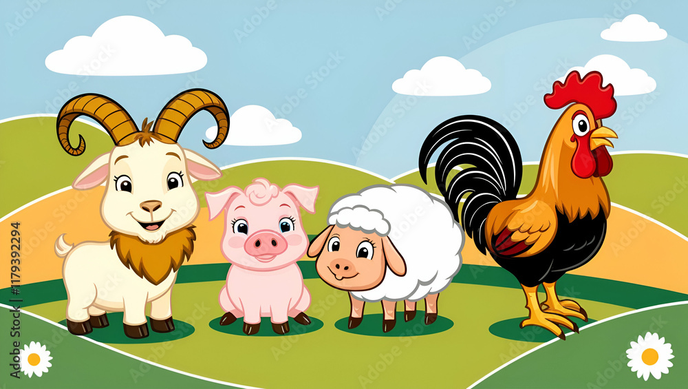 Naklejka premium A delightful flat vector illustration of cute farm animals, including a rooster, baby calf, and lamb, surrounded by barns and green pastures.