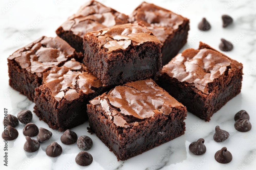 Freshly Baked Blonde Brownies with Chocolate Chips on a Marble Surface, Captured in Natural Daylight with Soft Lighting for a Delicious Look Freshly Baked Blonde Brownies with Chocolate Chips on a Marble Surface, Captured in Natural Daylight with Soft Lighting for a Delicious Look