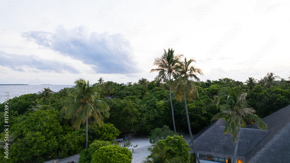 The house is hidden in the greenery of the island. Aerial view from the drone of the thatched roof, green palm trees and trees. A cell tower and a sky with dark and light clouds. White sand.