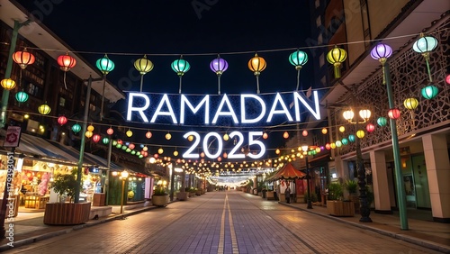 Vibrant Ramadan Street Scene with Hanging Lanterns and Colorful Decorations for Modern Ramadan 2025 Visuals photo