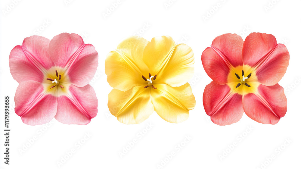 Tulip flowers in three colors, yellow, pink, red isolated on a white background Tulip flowers in three colors, yellow, pink, red isolated on a white background