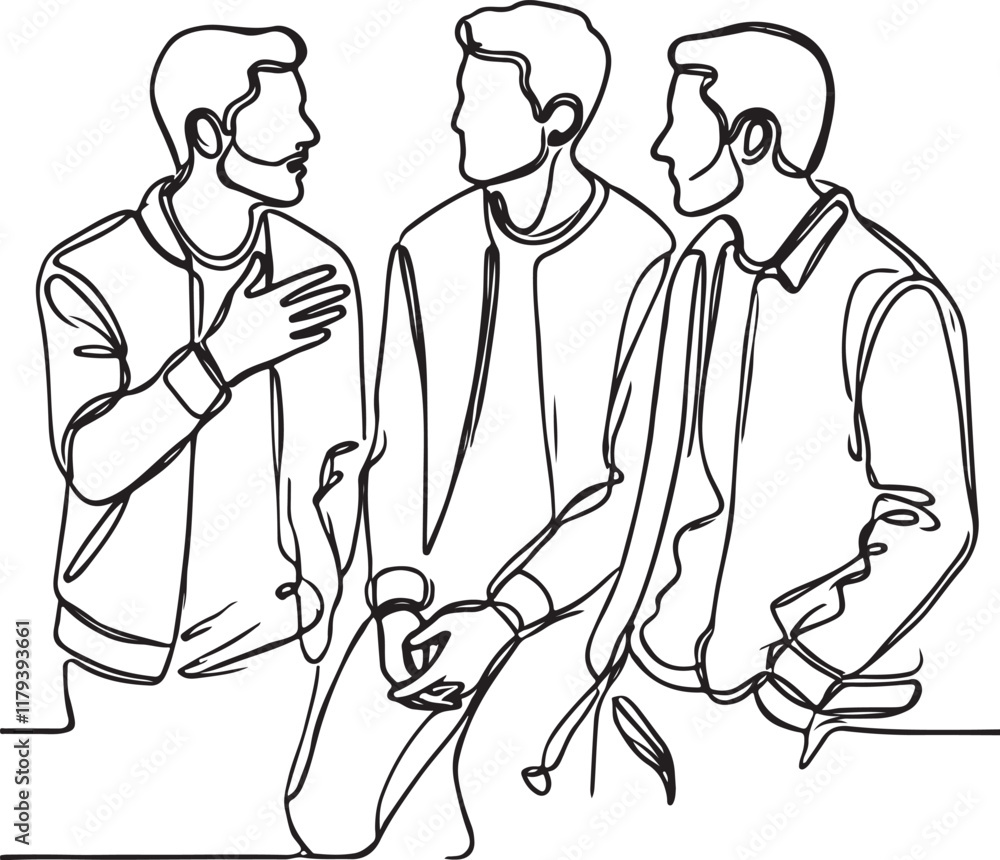 Vector Art of Three Men Chatting in Simple Line Drawing Style