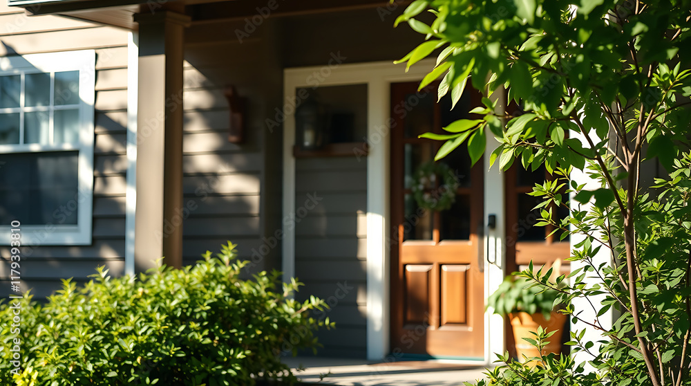 Fototapeta premium A gray house's front entrance features a brown wooden door with glass panels, flanked by white trim. Lush green shrubs and a tree partially obscure the view. Sunlight casts shadows on the siding.