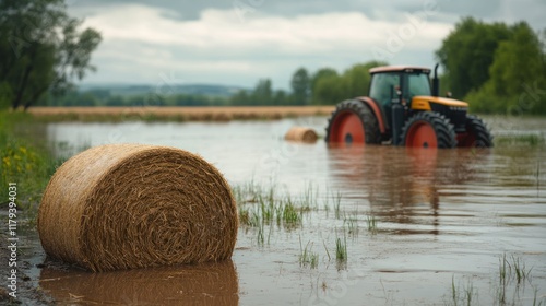 Tractor navigating flooded farmland with hay bales submerged in water during overcast weather. Generative AI
