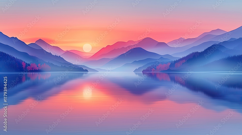 Fototapeta premium Serene sunrise over misty mountain lake reflecting vibrant sky, ideal for calming backgrounds.