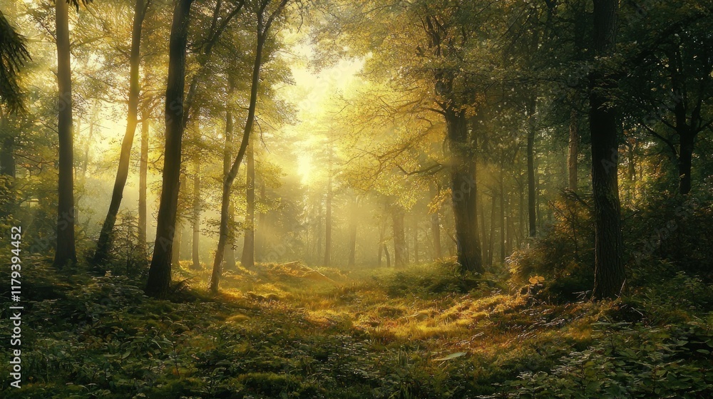 Obraz premium Golden Sunlight Filtering Through a Misty Forest