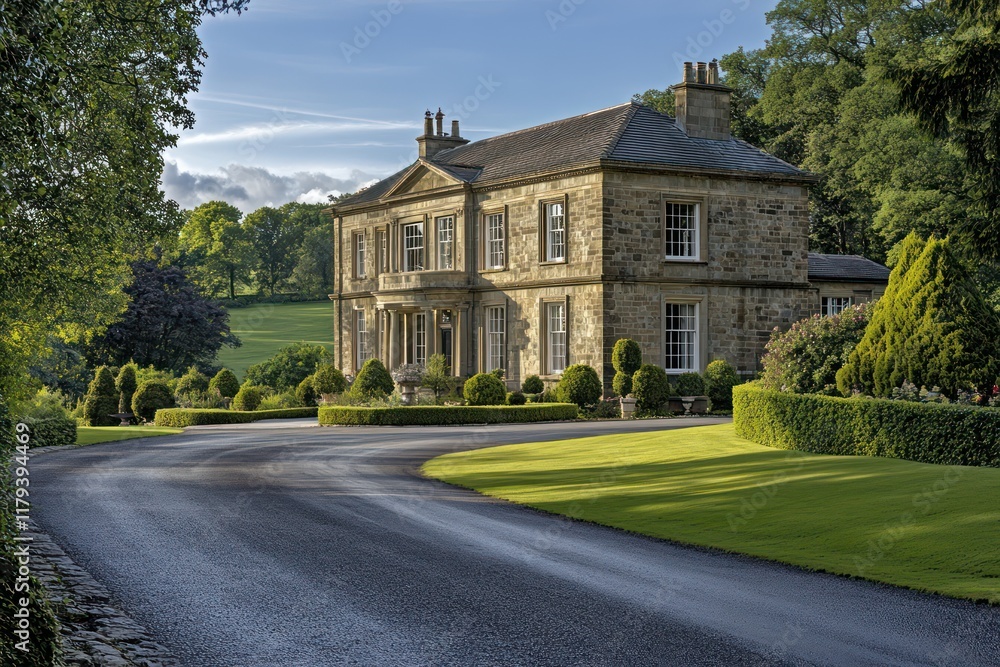 A grand countryside home with classic stone textures, sweeping driveways, and tranquil gardens A grand countryside home with classic stone textures, sweeping driveways, and tranquil gardens