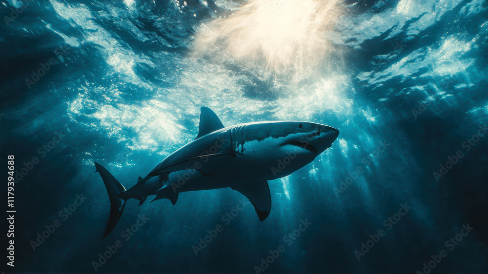 Fototapeta premium Majestic Great White Shark Gliding Effortlessly Beneath Shimmering Ocean Surface