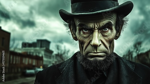 Dramatic Portrait of an Eerie Historical Figure in a Dark Setting