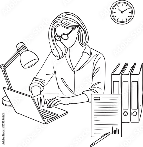 Bookkeeper Woman Accounting with Laptop and Documents - Line Art Illustration