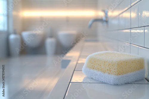 Clean sponge resting on a white tiled countertop in a modern bathroom with soft lighting. Generative AI