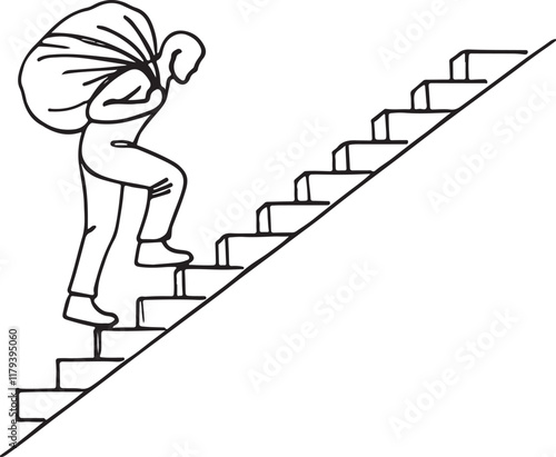 Man’s Struggle and Strength. Line Drawing of Climbing Stairs with a Load