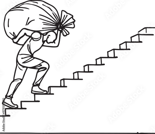 Man’s Struggle and Strength. Line Drawing of Climbing Stairs with a Load