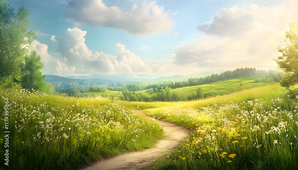 Fototapeta premium Serene Path Through Blooming Wildflower Meadow And Hills