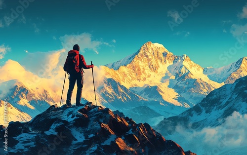 A hiker with trekking poles standing on a rugged slope, snowcapped mountain range in the distance, a sense of solitude and exploration photo