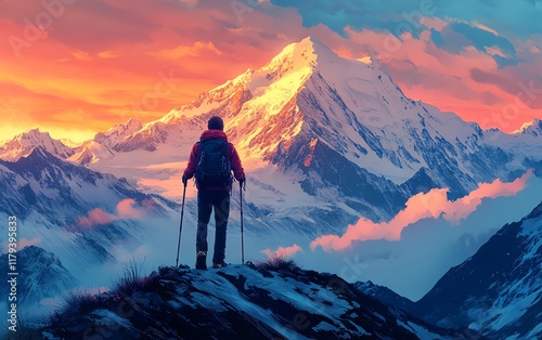 A hiker with trekking poles standing on a rugged slope, snowcapped mountain range in the distance, a sense of solitude and exploration photo