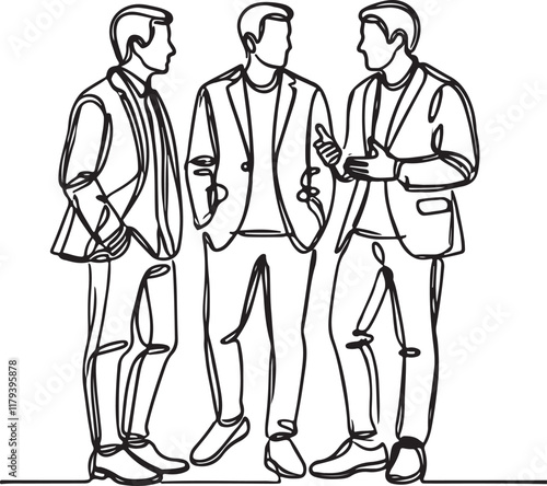 Vector Art of Three Men Chatting in Simple Line Drawing Style