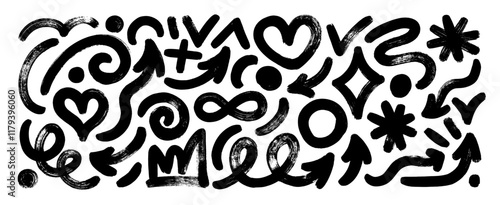 Various bold brush drawn lines, geometric figures, hearts and funky arrows. Graffiti, girly punk and hip hip styles vector elements for collages, print and graphic design. Primitive geometric forms.