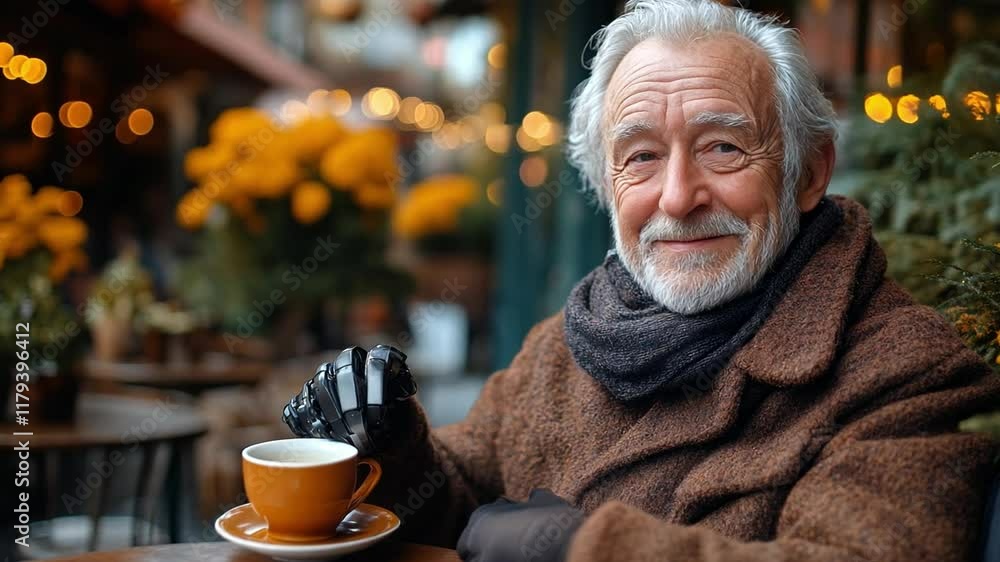 A cheerful elderly man sips coffee while seated at a cafe, surrounded by vibrant fall floral arrangements and warm lighting. A cheerful elderly man sips coffee while seated at a cafe, surrounded by vibrant fall floral arrangements and warm lighting.