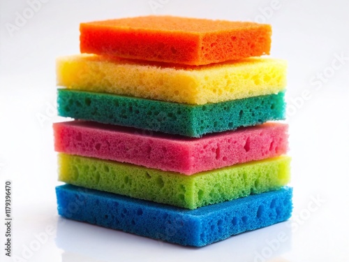 Colorful Rainbow Dish Sponges Stacked on White Background - Stock Photo