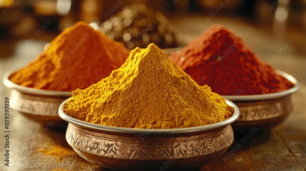 Colorful Spices in Metal Bowls on Wooden Table Background Colorful Spices in Metal Bowls on Wooden Table Background