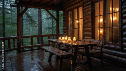 A serene scene of a beautiful forest with an atmospheric, rustic log cabin. It is raining lightly, and we look out over the forest from the veranda