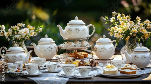 Wallpaper Mural Elegant Tea Set Display with Flowers and Delicious Pastries Outdoors Torontodigital.ca