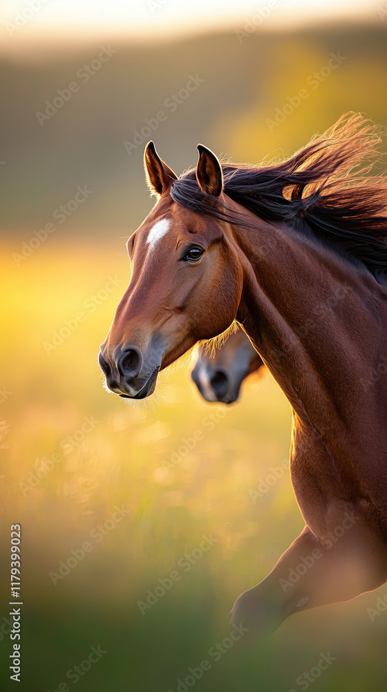 Fototapeta premium Majestic horse running in golden field at sunset