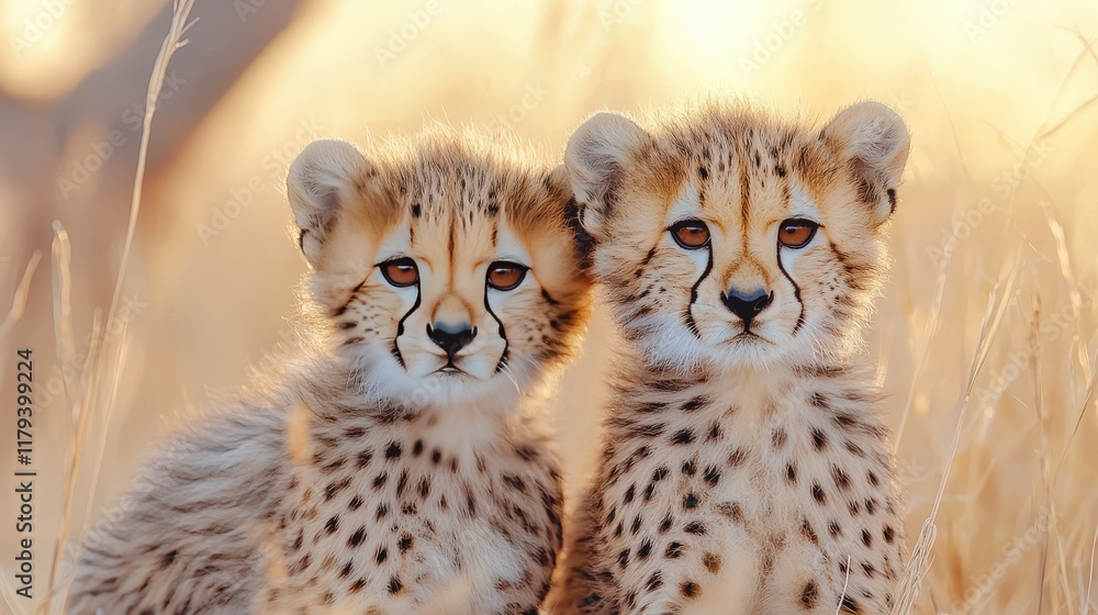 Obraz premium Adorable Cheetah Cubs Sitting in Tall Grass at Sunset with Soft Light and Warm Background