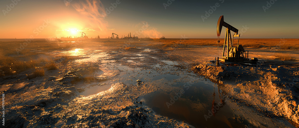 oil pump jack, sunset, industrial landscape, oil field, reflection, horizon, atmospheric scene, machinery oil pump jack, sunset, industrial landscape, oil field, reflection, horizon, atmospheric scene, machinery