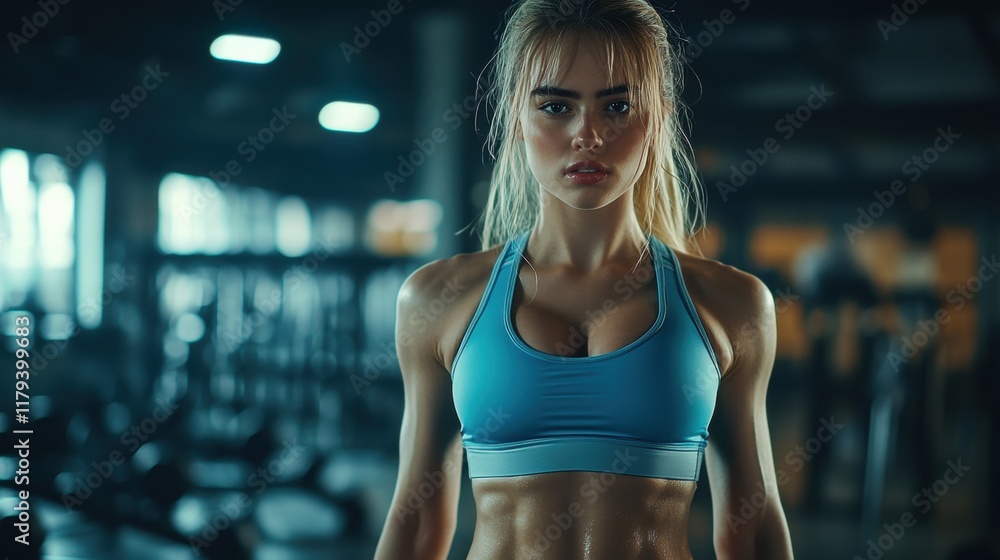 Young Woman in Blue Sports Bra Working Out in Modern Gym Interior Young Woman in Blue Sports Bra Working Out in Modern Gym Interior