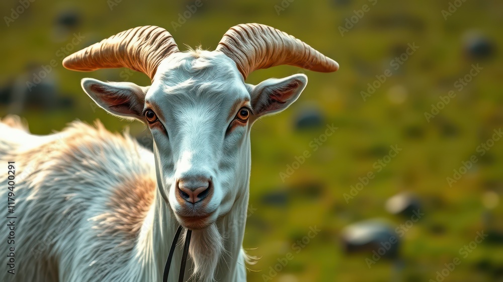 Goat standing calmly in a green pasture with natural sunlight illuminating its features Goat standing calmly in a green pasture with natural sunlight illuminating its features