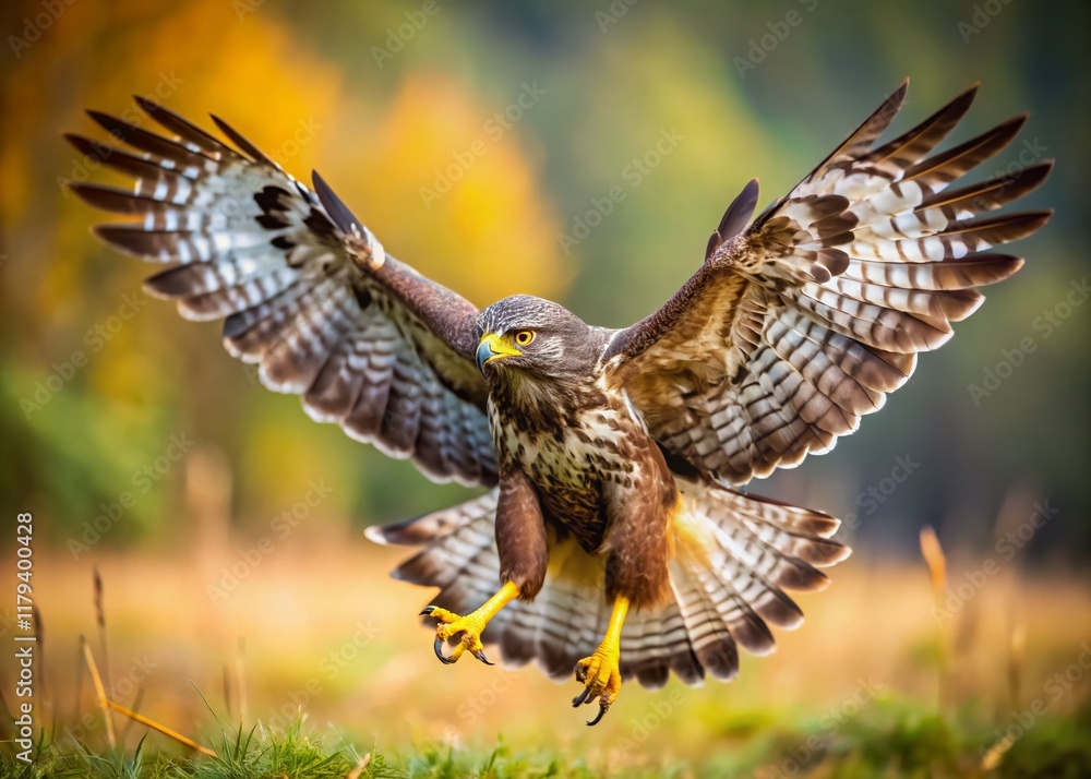 Fototapeta premium Common Buzzard Hunting: Majestic Bird of Prey in Flight, Sharp Talons, Powerful Wings