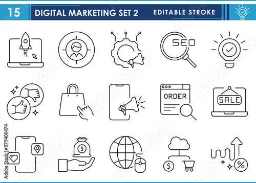 A set of line icons related to Digital Marketing. Startup, advertise, announce, SEO, innovation, shopping, feedback, online sale, earning, and so on. Vector editable stroke.