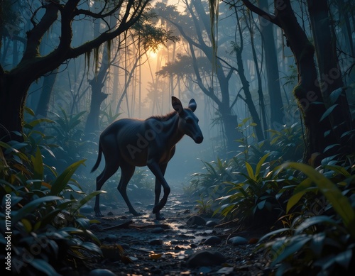 Okapi in misty forest photo