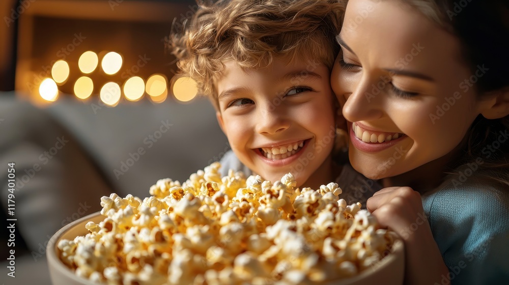 Fluffy Golden Crispy Popcorn in a Bowl with Mother and Child Smiling Together at Home Fluffy Golden Crispy Popcorn in a Bowl with Mother and Child Smiling Together at Home