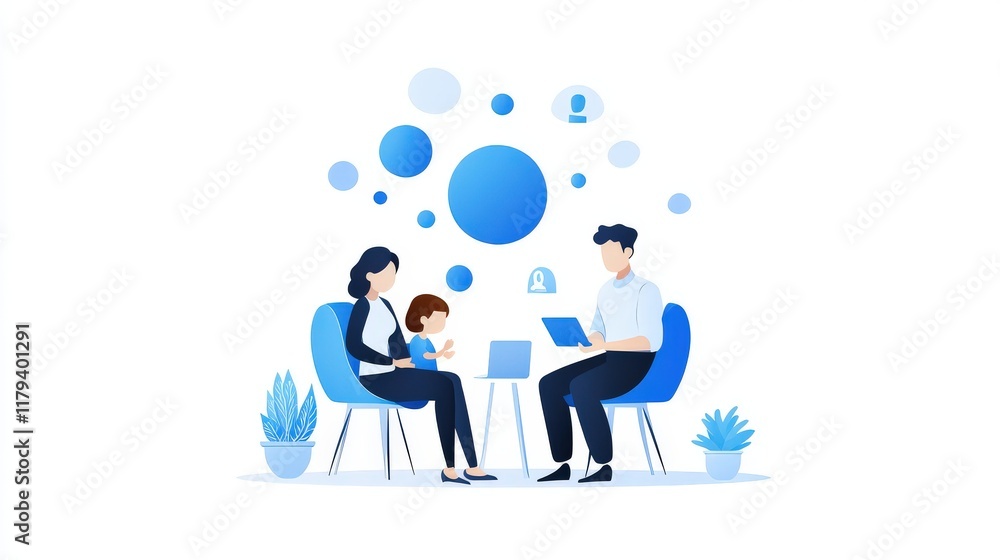 design of a family therapy session taking place in a clean, minimalist clinic. The therapist is guiding a family discussion. design of a family therapy session taking place in a clean, minimalist clinic. The therapist is guiding a family discussion.