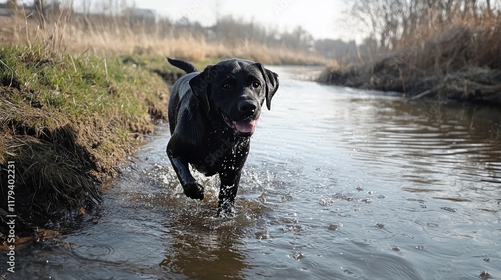 Labrador Retriever jumping into water capturing an energetic and joyful moment in a natural outdoor setting with splashing action. Labrador Retriever jumping into water capturing an energetic and joyful moment in a natural outdoor setting with splashing action.
