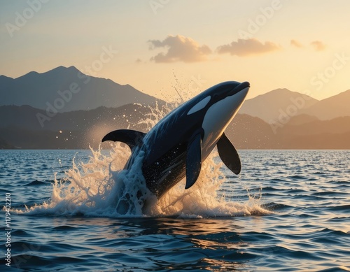 Orca leaping at sunset photo