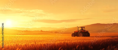 Sunset tractor harvesting wheat agricultural field scenic landscape rural environment vibrant colors nature's bounty photo