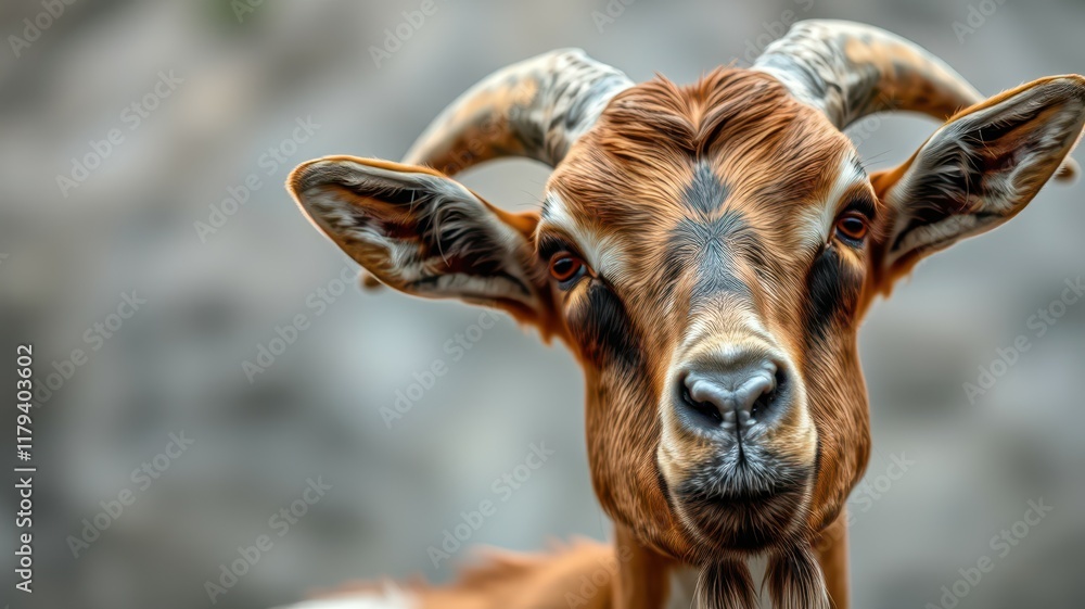 Fototapeta premium Goat with distinct facial features poses against a blurred background in a serene outdoor setting