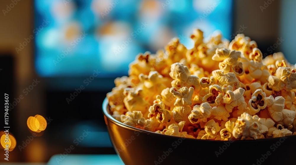 Large Bowl of Sweet Caramel Popcorn on Table with Cinematic Background Lights Large Bowl of Sweet Caramel Popcorn on Table with Cinematic Background Lights