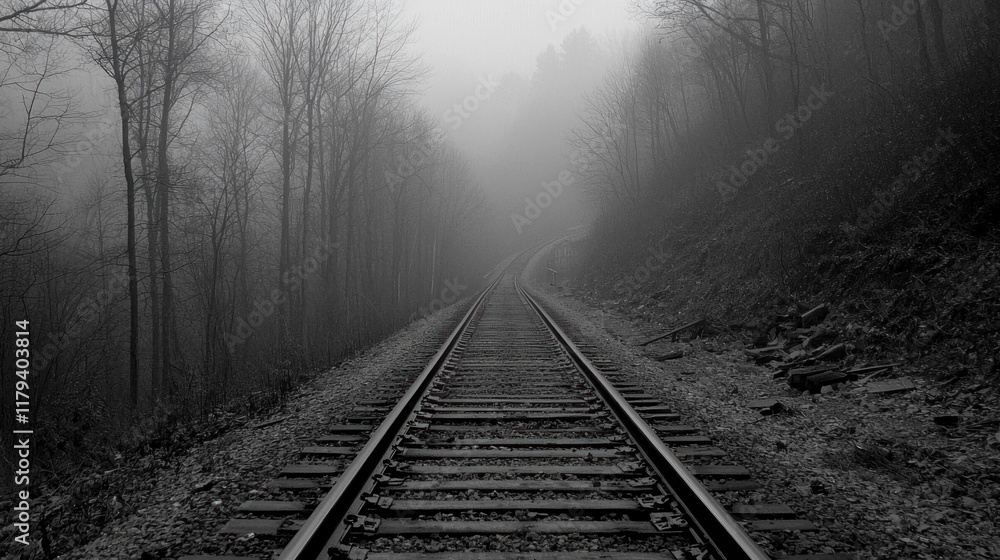 Obraz premium Misty Railroad Tracks Vanishing into the Foggy Forest