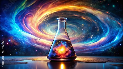 Cosmic Chemistry: Erlenmeyer Flask with Galactic Reaction & Molecular Art