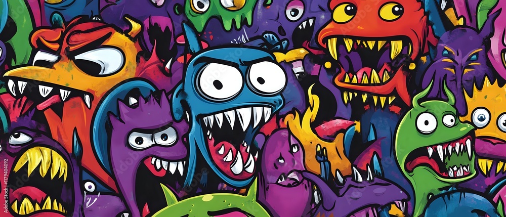 Vibrant Monster Mashup: Colorful Creatures with Sharp Teeth and Wild Expressions in a Graphic Art Style Vibrant Monster Mashup: Colorful Creatures with Sharp Teeth and Wild Expressions in a Graphic Art Style